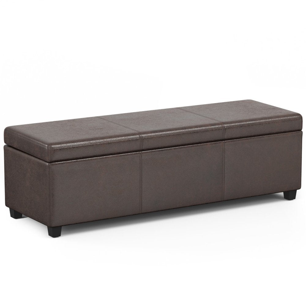54" Saddle Brown And Dark Brown Faux Leather And Solid Wood Upholstered Storage Bench With Flip Top