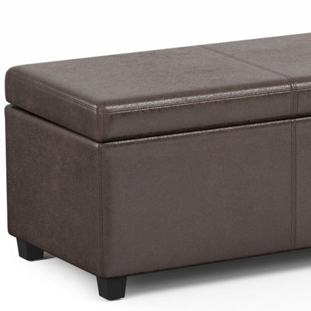 54" Saddle Brown And Dark Brown Faux Leather And Solid Wood Upholstered Storage Bench With Flip Top