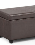 54" Saddle Brown And Dark Brown Faux Leather And Solid Wood Upholstered Storage Bench With Flip Top
