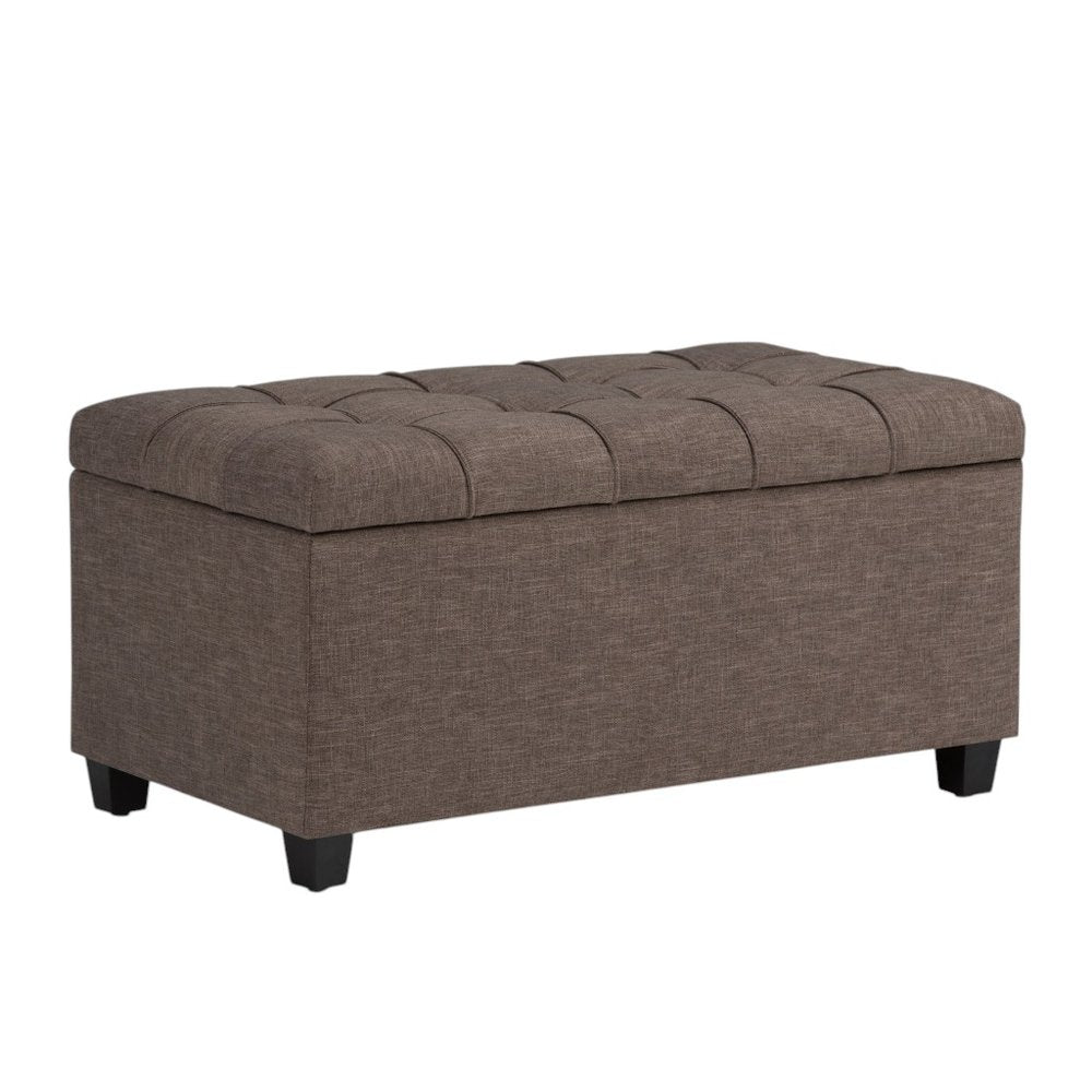33" Saddle Brown And Espresso Tufted Faux Leather And Solid Wood Upholstered Distressed Storage Bench With Flip Top