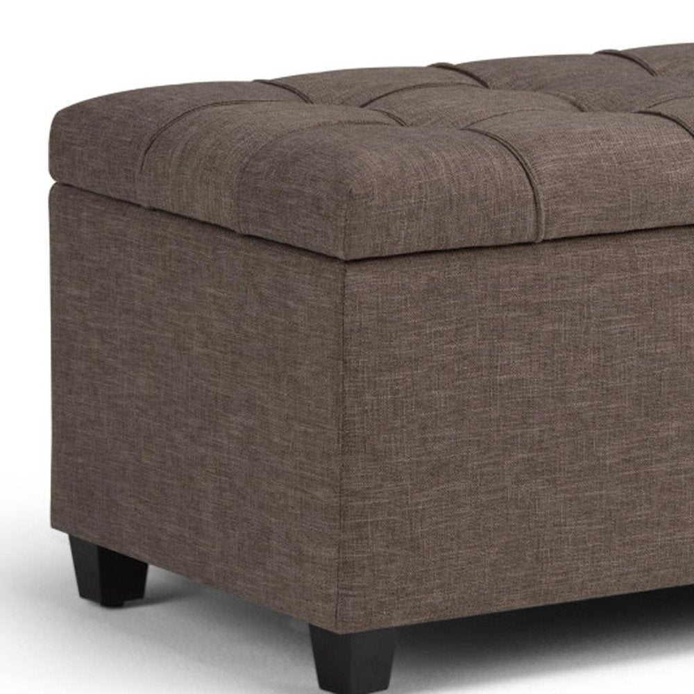 33" Saddle Brown And Espresso Tufted Faux Leather And Solid Wood Upholstered Distressed Storage Bench With Flip Top