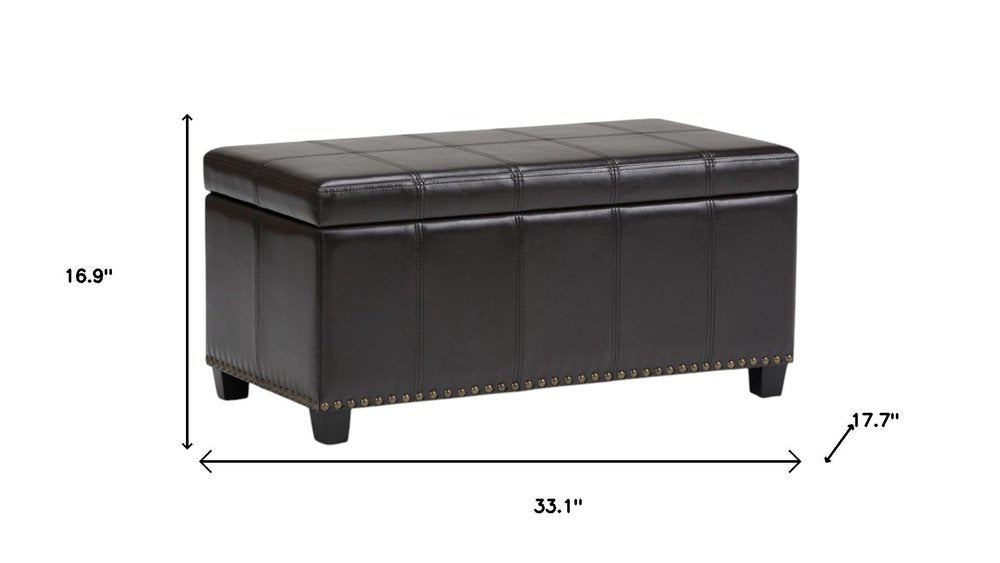 33" Cream and Espresso Faux Leather and Solid Wood Upholstered Storage Bench With Flip Top