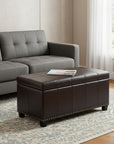 33" Cream and Espresso Faux Leather and Solid Wood Upholstered Storage Bench With Flip Top