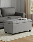 33" Saddle Brown And Espresso Tufted Faux Leather And Solid Wood Upholstered Distressed Storage Bench With Flip Top