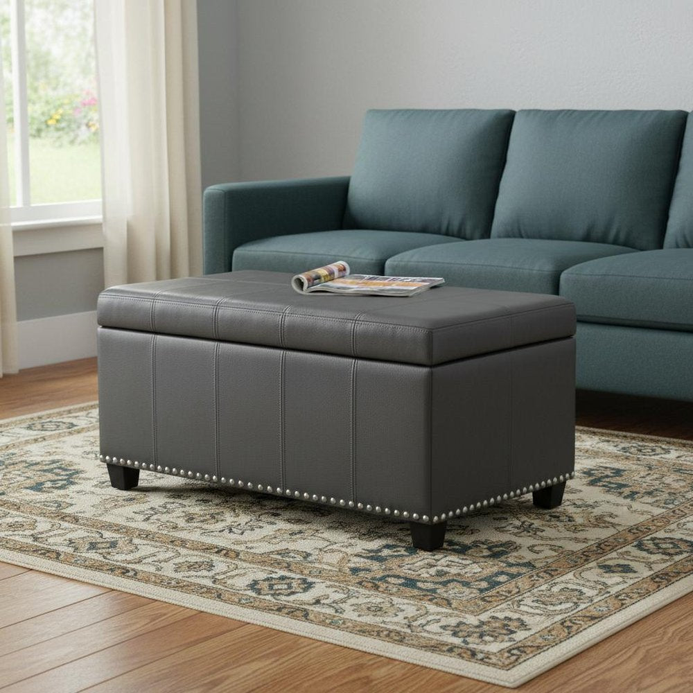 33" Cream and Espresso Faux Leather and Solid Wood Upholstered Storage Bench With Flip Top