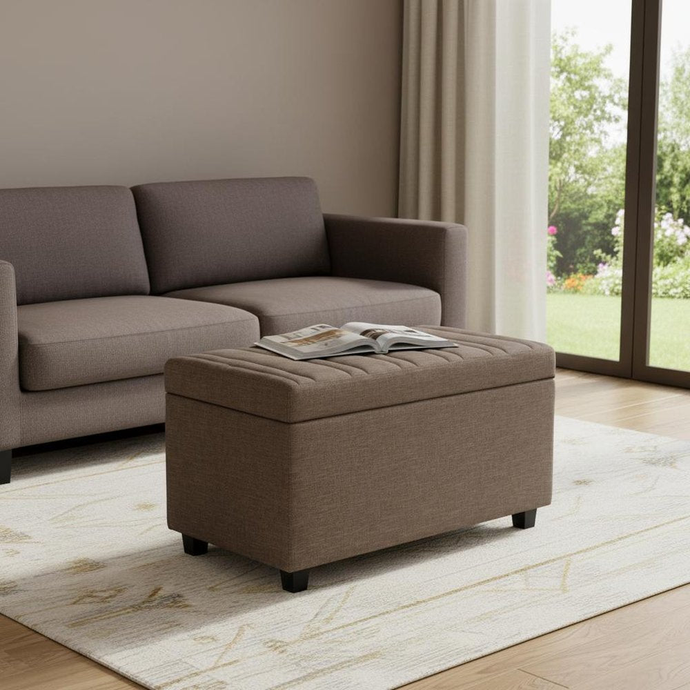 33" Fawn And Espresso Linen Blend Upholstered Storage Bench With Flip Top