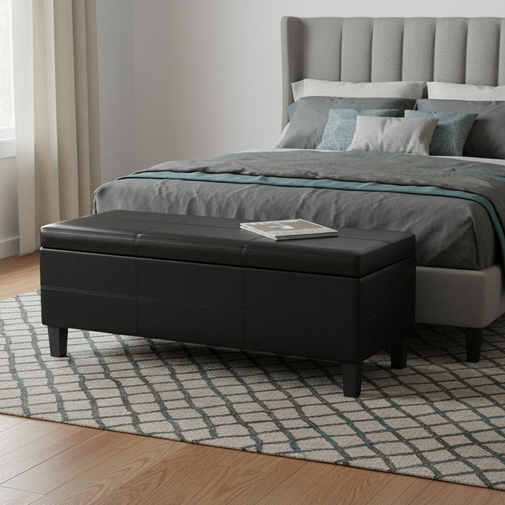 48" Black And Dark Brown Faux Leather And Solid Wood Upholstered Storage Bench With Flip Top