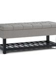 43" Gray And Espresso Tufted Faux Linen And Solid Wood Upholstered Storage Bench With Flip Top And Shelves