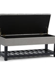 43" Gray And Espresso Tufted Faux Linen And Solid Wood Upholstered Storage Bench With Flip Top And Shelves