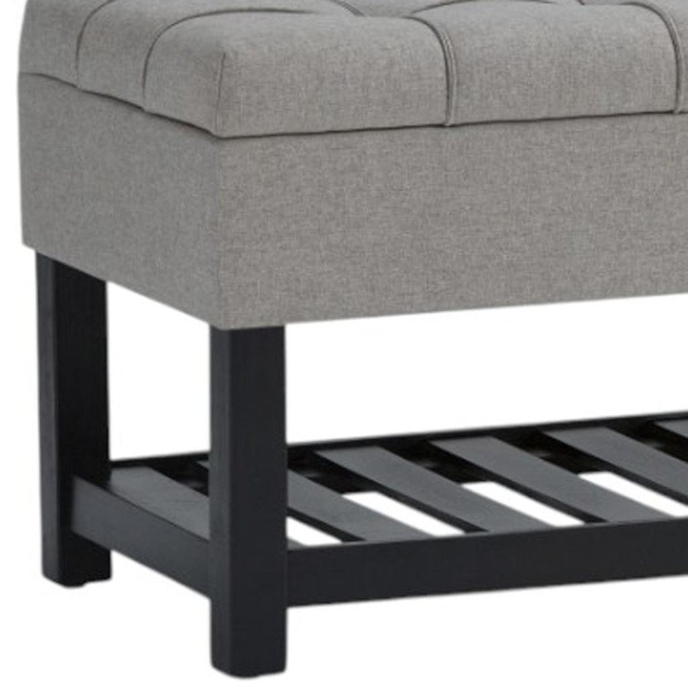 43" Gray And Espresso Tufted Faux Linen And Solid Wood Upholstered Storage Bench With Flip Top And Shelves