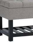 43" Gray And Espresso Tufted Faux Linen And Solid Wood Upholstered Storage Bench With Flip Top And Shelves