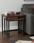 Set of Two Matte Dark Brown and Black Solid Wood and Steel Nested Tables