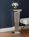 35" Silver Mirrored Glass And Faux Crystals Pedestal Accent Table