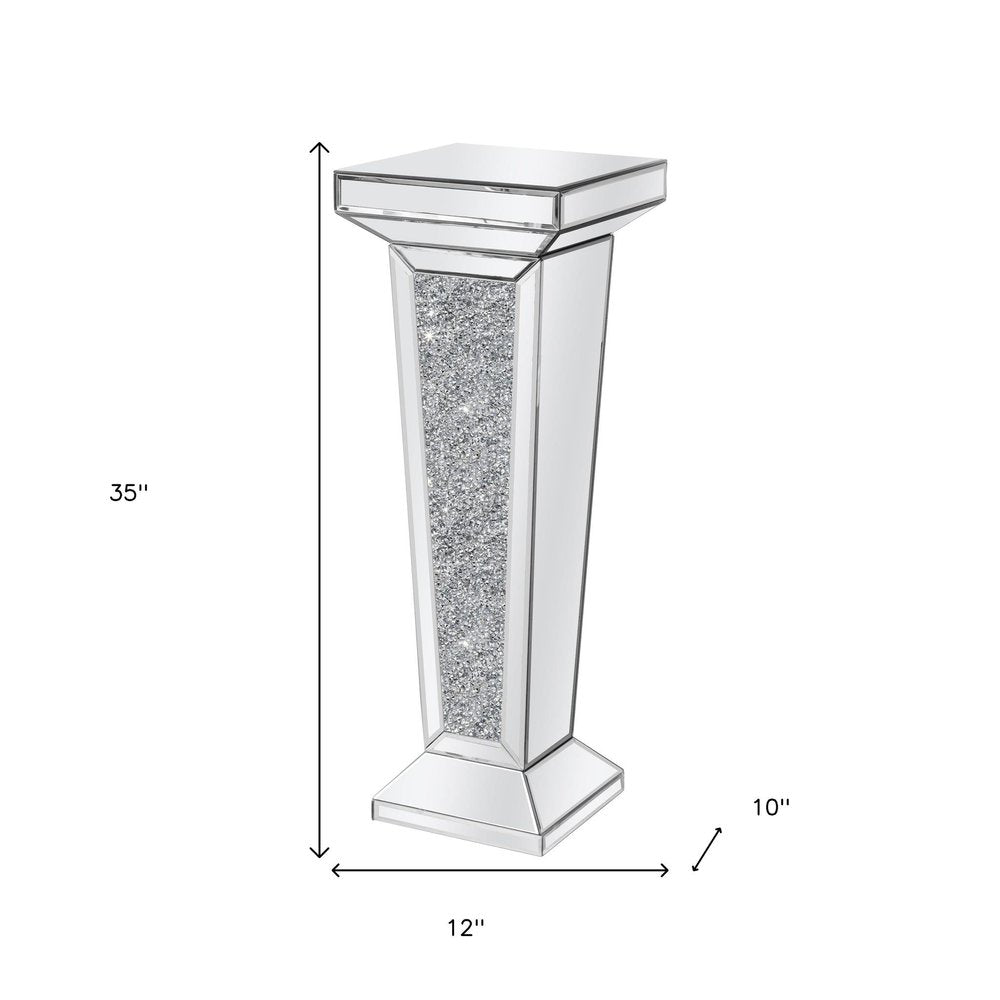 35" Silver Mirrored Glass And Faux Crystals Pedestal Accent Table