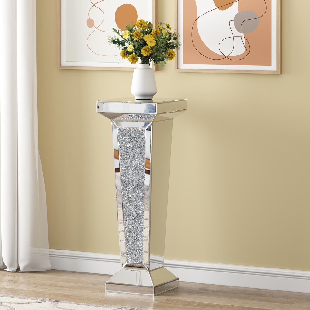 35" Silver Mirrored Glass And Faux Crystals Pedestal Accent Table