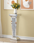 35" Silver Mirrored Glass And Faux Crystals Pedestal Accent Table