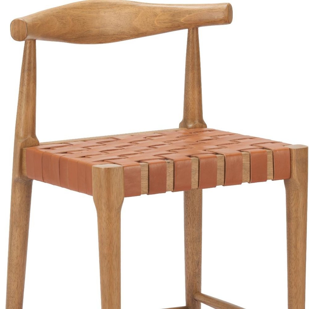 Set of Two 26" Tan Leather And Solid Wood Low Back Counter Height Bar Chairs