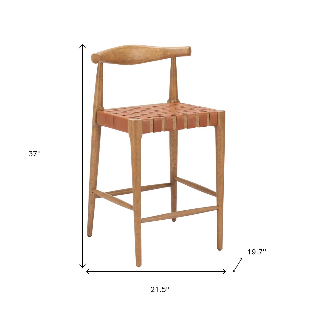 Set of Two 26" Tan Leather And Solid Wood Low Back Counter Height Bar Chairs