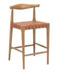 Set of Two 26" Tan Leather And Solid Wood Low Back Counter Height Bar Chairs