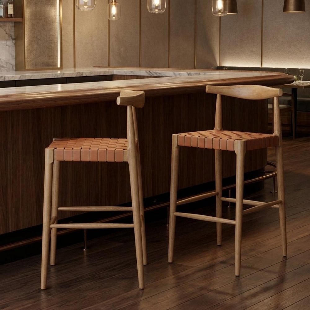 Set of Two 26" Tan Leather And Solid Wood Low Back Counter Height Bar Chairs
