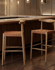 Set of Two 26" Tan Leather And Solid Wood Low Back Counter Height Bar Chairs