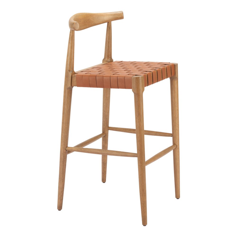 Set of Two 26" Tan Leather And Solid Wood Low Back Counter Height Bar Chairs