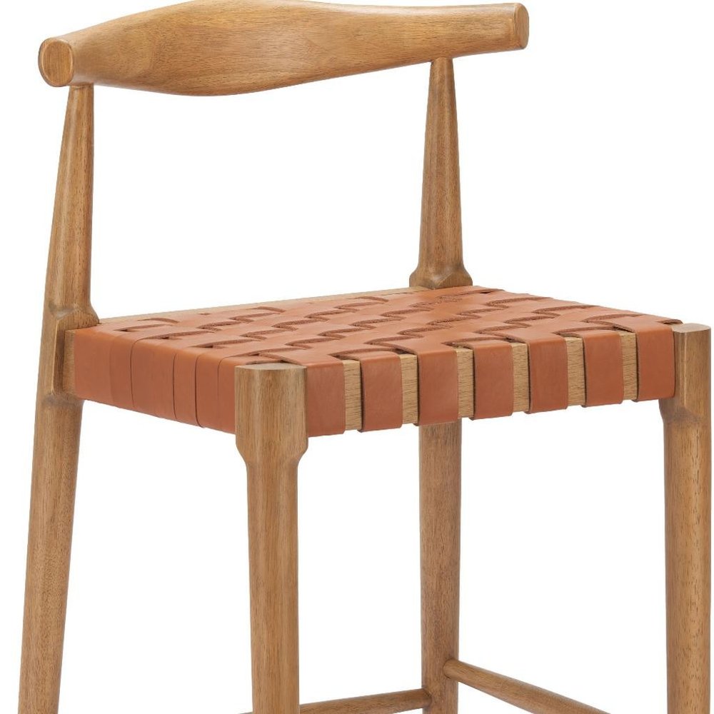 Set of Two 26" Tan Leather And Solid Wood Low Back Counter Height Bar Chairs