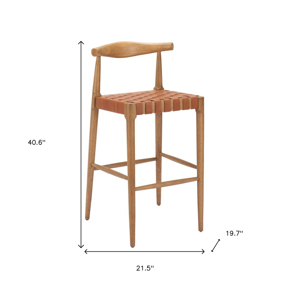 Set of Two 26" Tan Leather And Solid Wood Low Back Counter Height Bar Chairs