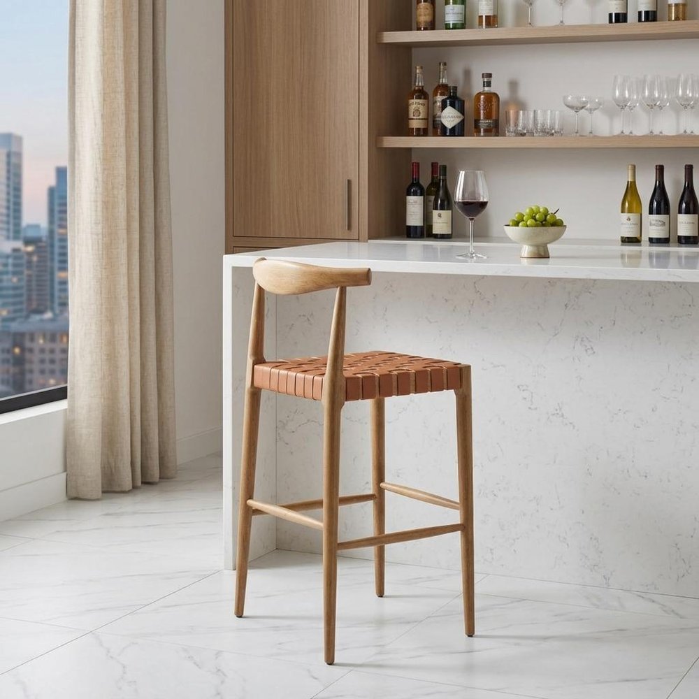 Set of Two 26" Tan Leather And Solid Wood Low Back Counter Height Bar Chairs
