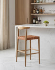 Set of Two 26" Tan Leather And Solid Wood Low Back Counter Height Bar Chairs