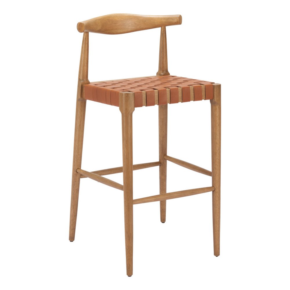 Set of Two 26" Tan Leather And Solid Wood Low Back Counter Height Bar Chairs