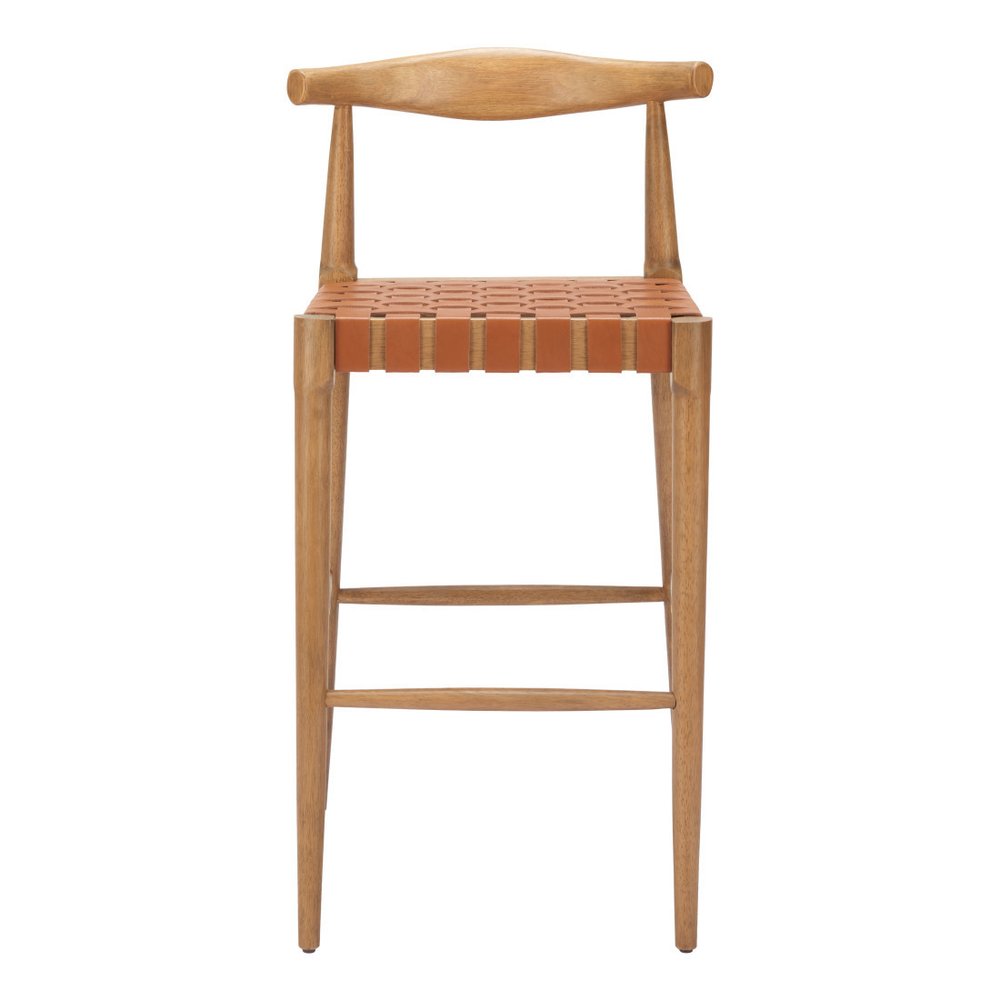 Set of Two 26" Tan Leather And Solid Wood Low Back Counter Height Bar Chairs