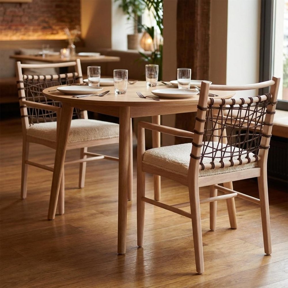 Set of Two Ivory And White Upholstered And Solid Wood Open Back Dining Arm Chairs