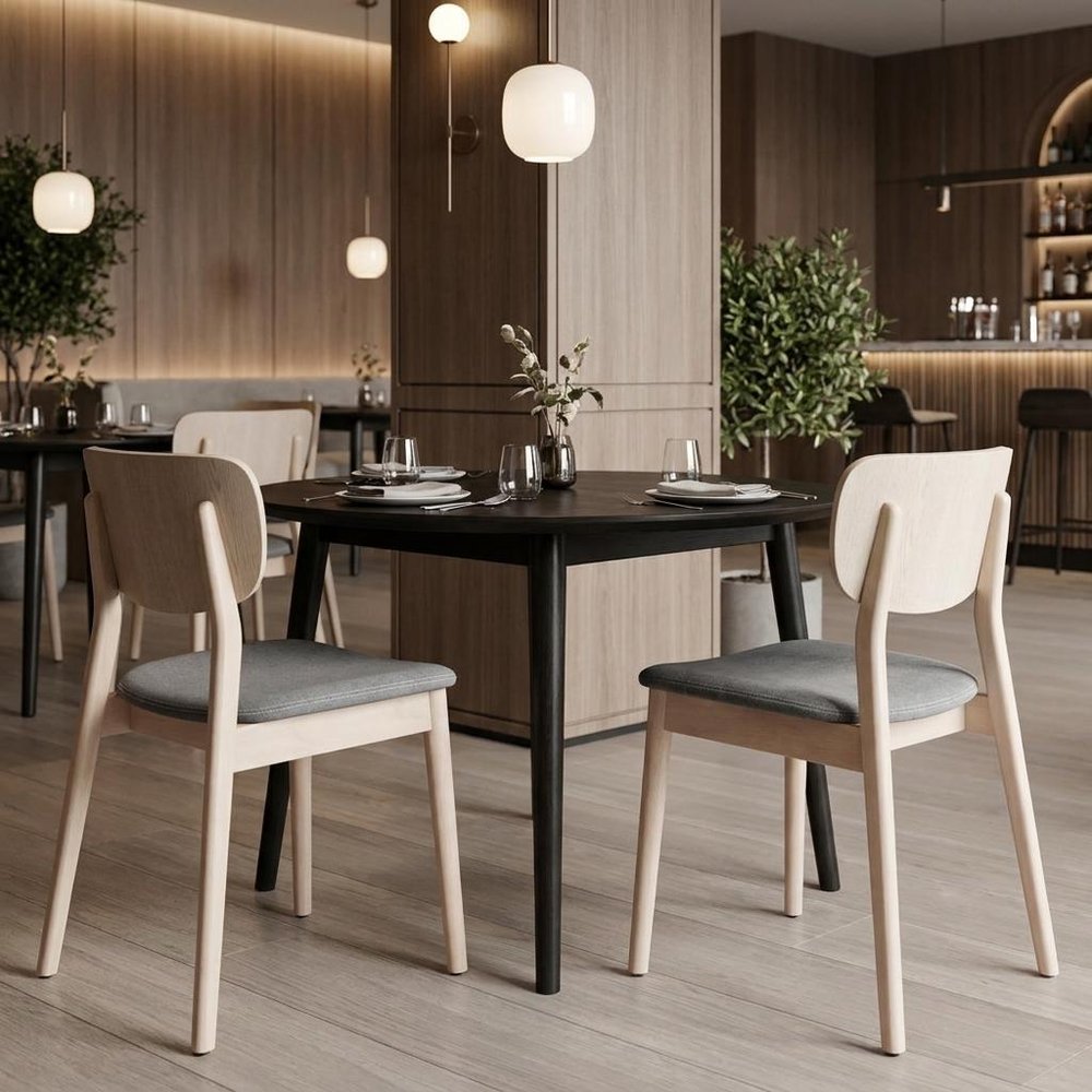 Set of Two Gray And Natural Faux Linen And Wood Open Back Dining Side Chairs