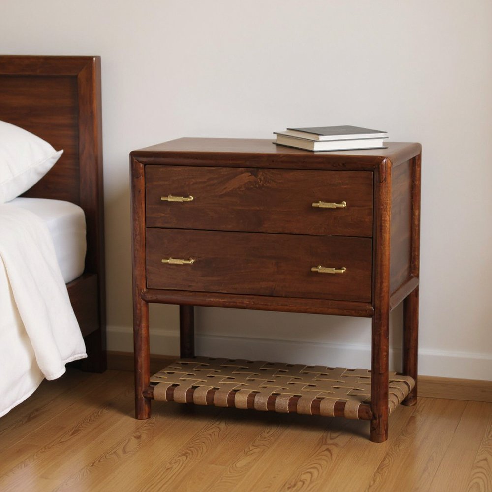 32" Brown Solid Wood Two Drawer Nightstand With Leather Shelf