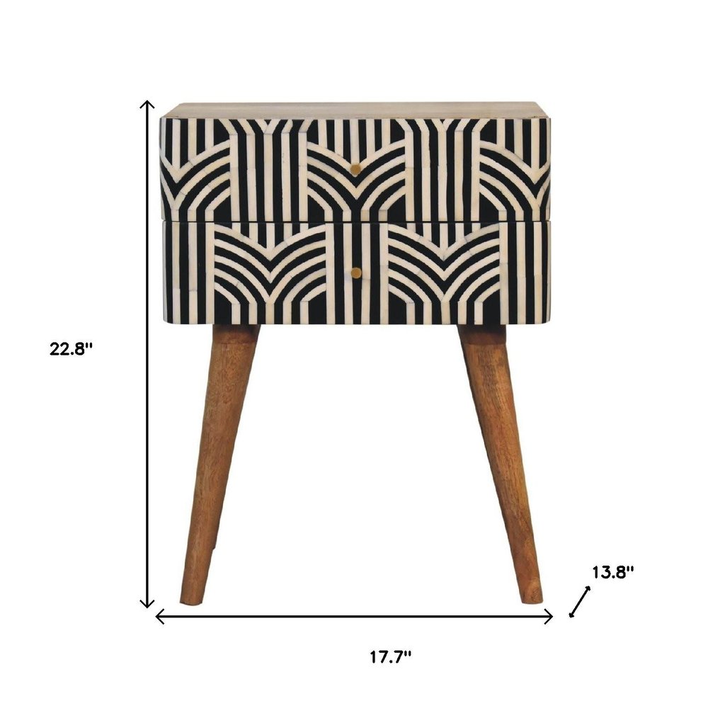 23" Black Ivory And Light Brown Solid Wood Geometric Bone Inlay Two Drawer Nightstand