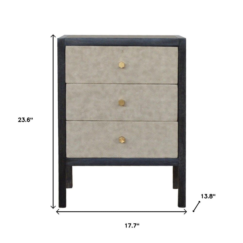 24" Gray And Black Solid Wood And Faux Shagreen Three Drawer Nightstand