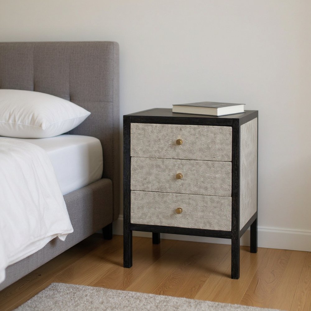 24" Gray And Black Solid Wood And Faux Shagreen Three Drawer Nightstand