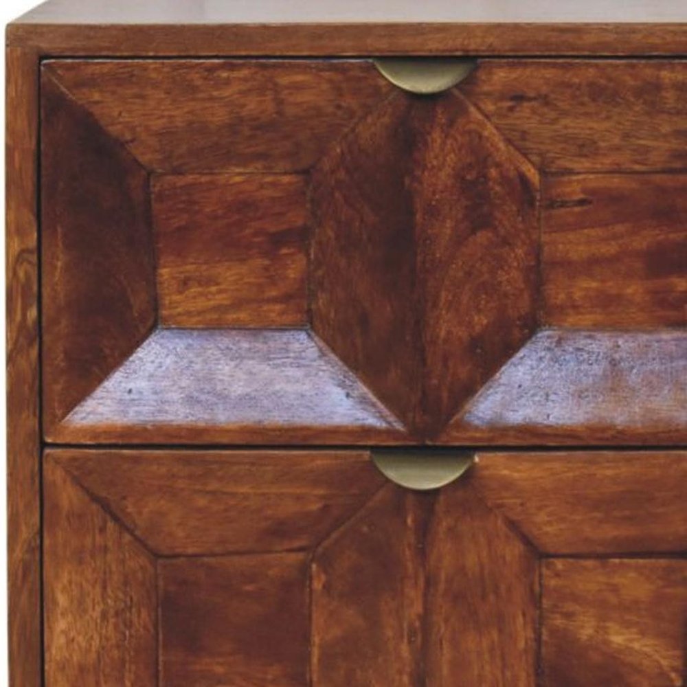 24" Chestnut Solid Wood Square Carved Geometric Two Drawer Nightstand