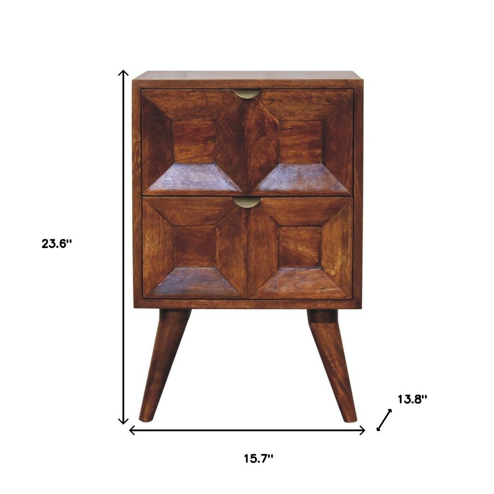 24" Chestnut Solid Wood Square Carved Geometric Two Drawer Nightstand
