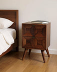 24" Chestnut Solid Wood Square Carved Geometric Two Drawer Nightstand