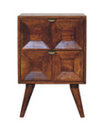 24" Chestnut Solid Wood Square Carved Geometric Two Drawer Nightstand