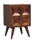 24" Chestnut Solid Wood Square Carved Geometric Two Drawer Nightstand