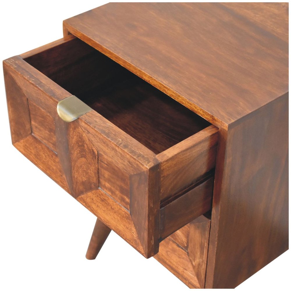 24" Chestnut Solid Wood Square Carved Geometric Two Drawer Nightstand
