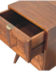 24" Chestnut Solid Wood Square Carved Geometric Two Drawer Nightstand