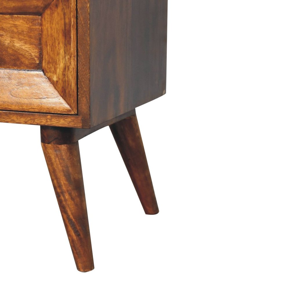 24" Chestnut Solid Wood Square Carved Geometric Two Drawer Nightstand