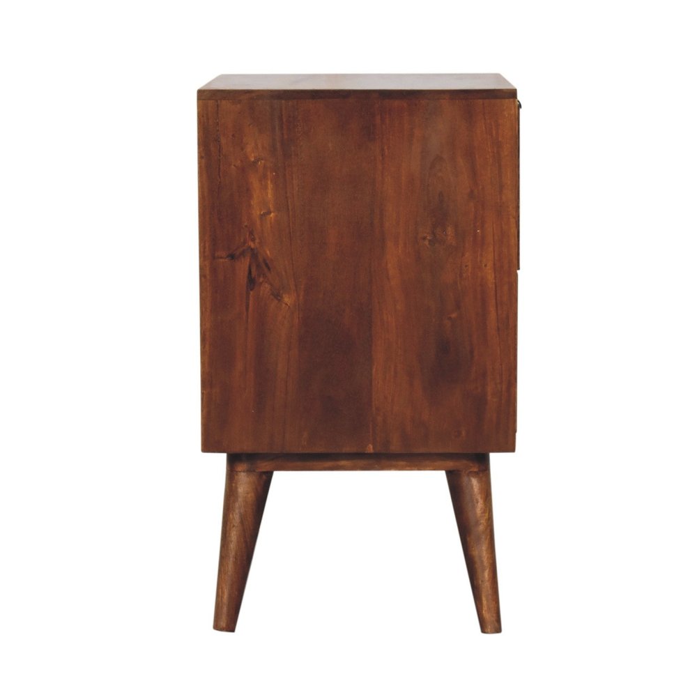 24" Chestnut Solid Wood Square Carved Geometric Two Drawer Nightstand