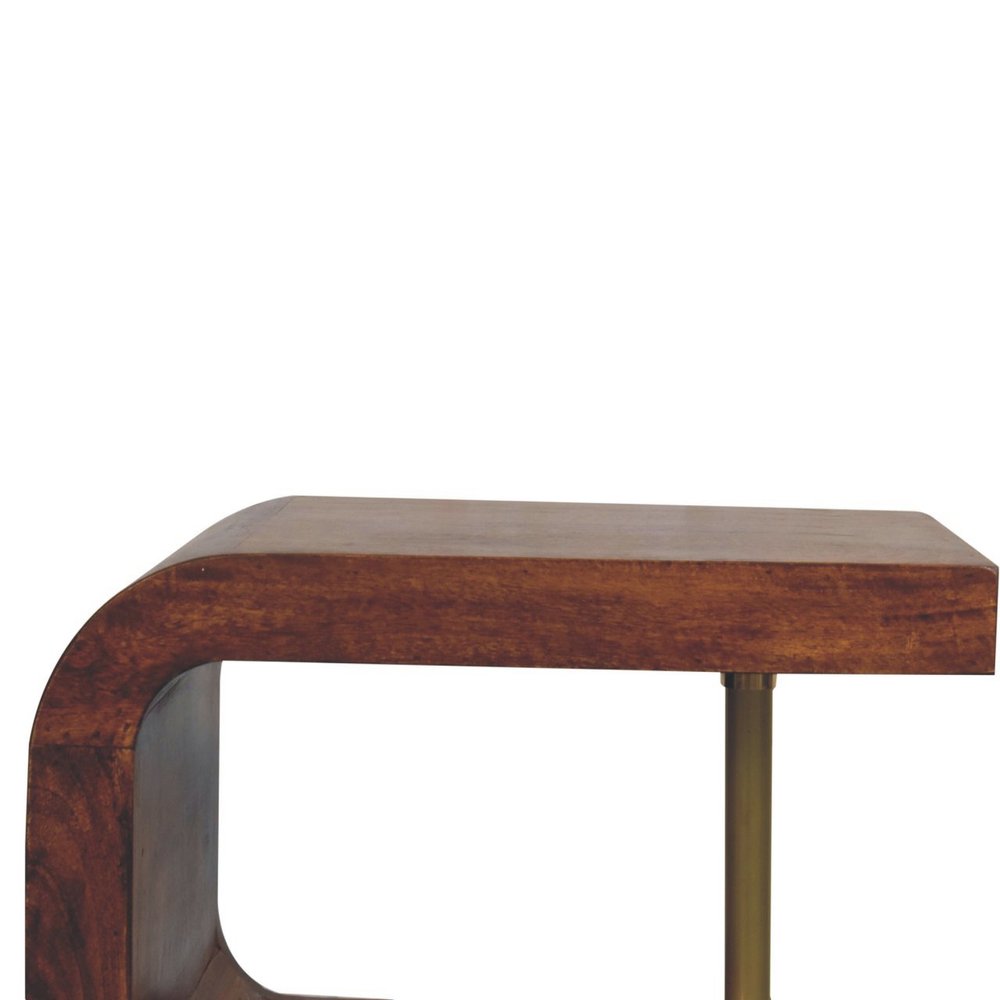 24" Chestnut And Gold Solid Wood Curved Nightstand