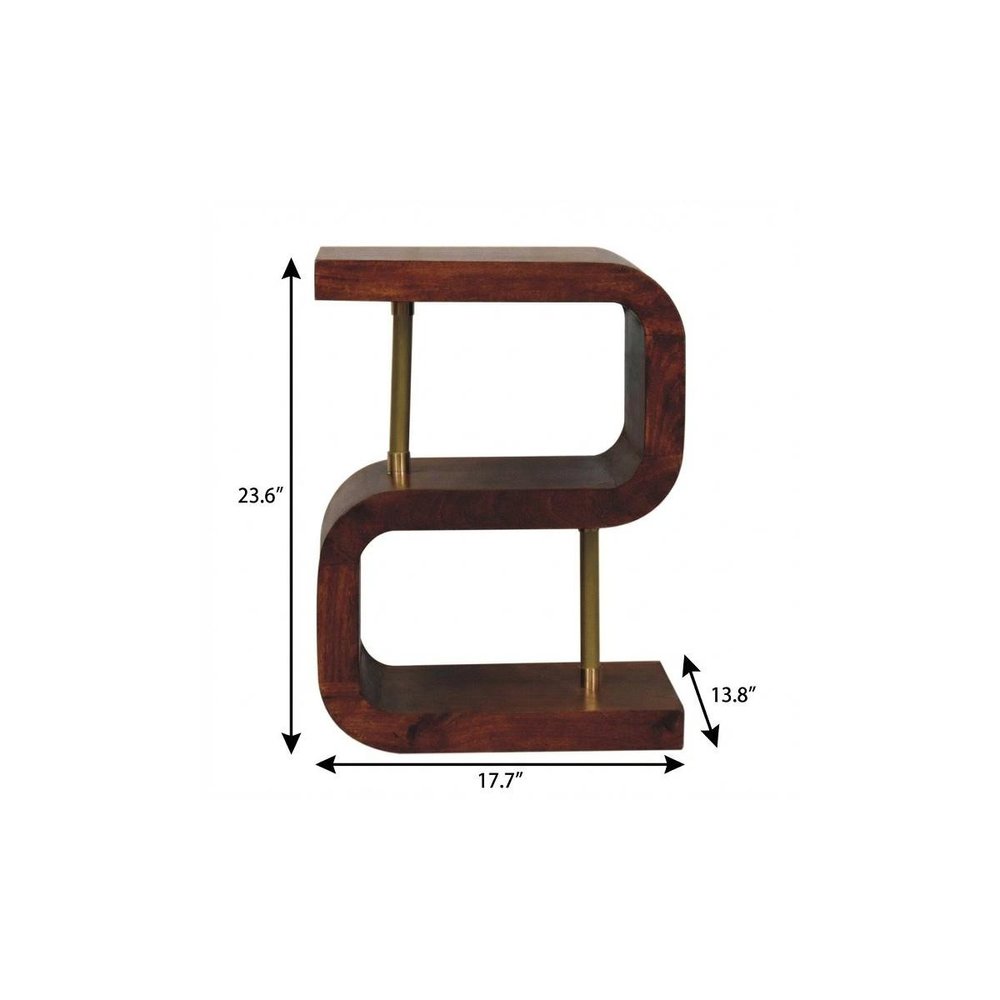 24" Chestnut And Gold Solid Wood Curved Nightstand