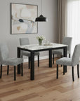 Five Piece White and Black Faux Marble Dining Set with Four Chairs